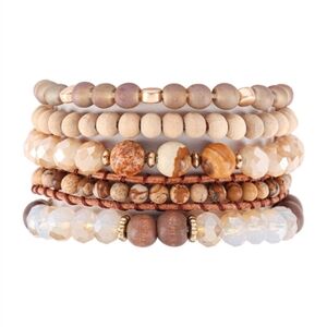 CHARM NATURAL STONE WOOD GLASS BEADS MIX BRACELET SET - BROWN
